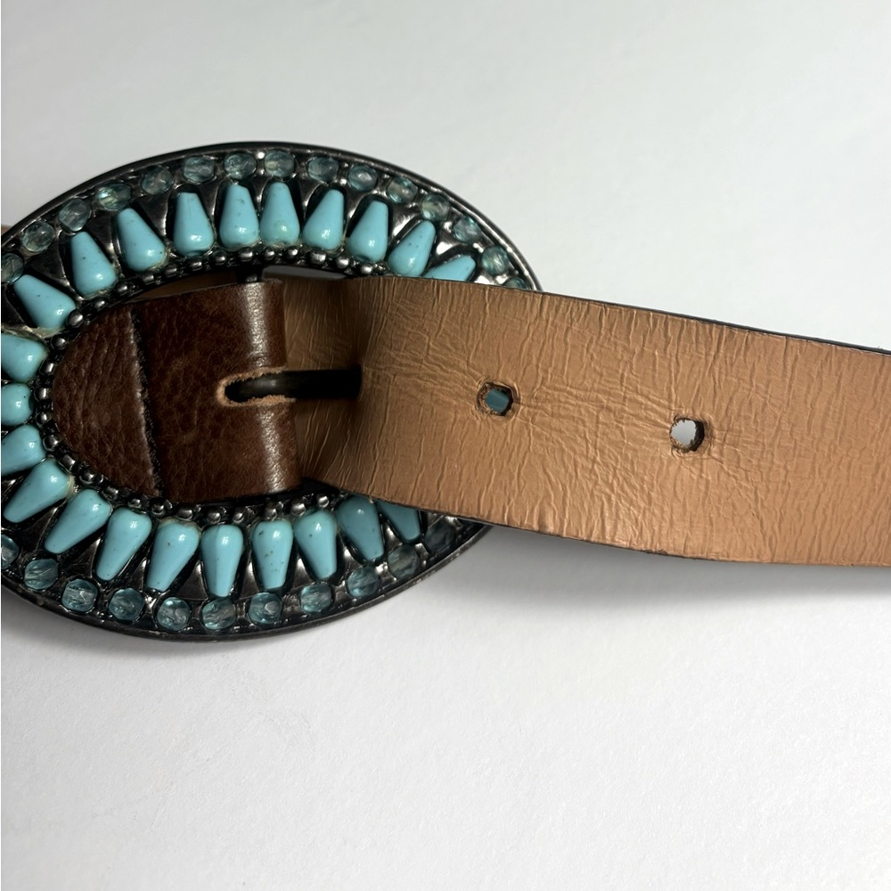 Harold’s Turquoise Buckle Bohemian/ shabby Chic leather belt. Made in Italy.